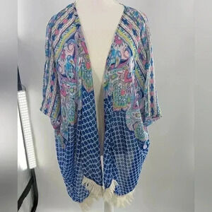 Candy Rose Pink And Blue Open Front Paisley Top Size M/L Tangled Tie Hem